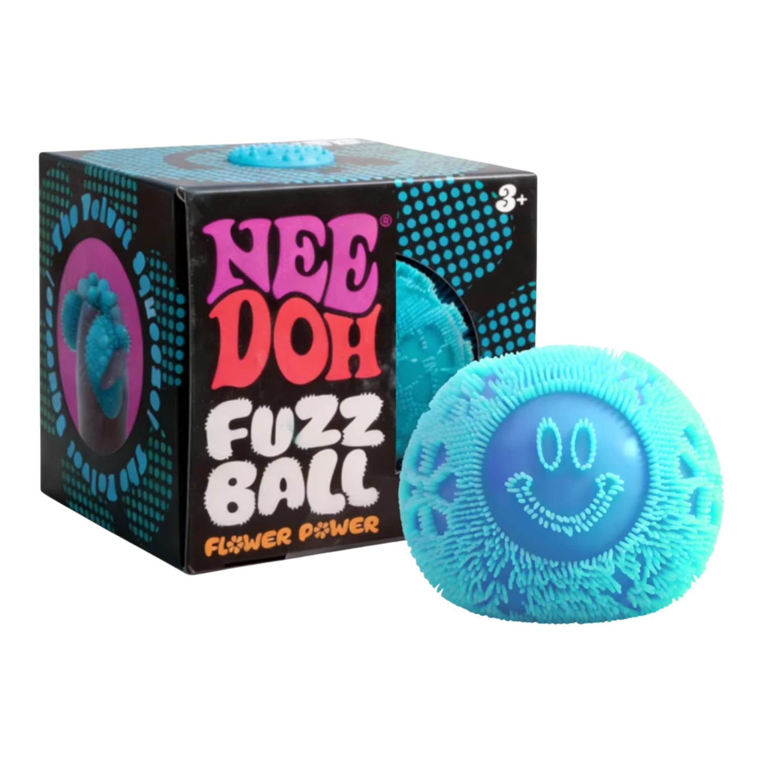 Squish Planet NeeDoh Fuzz Ball Flower Power fidget toy, blue fuzzy texture with smiley face and 00 eyes.